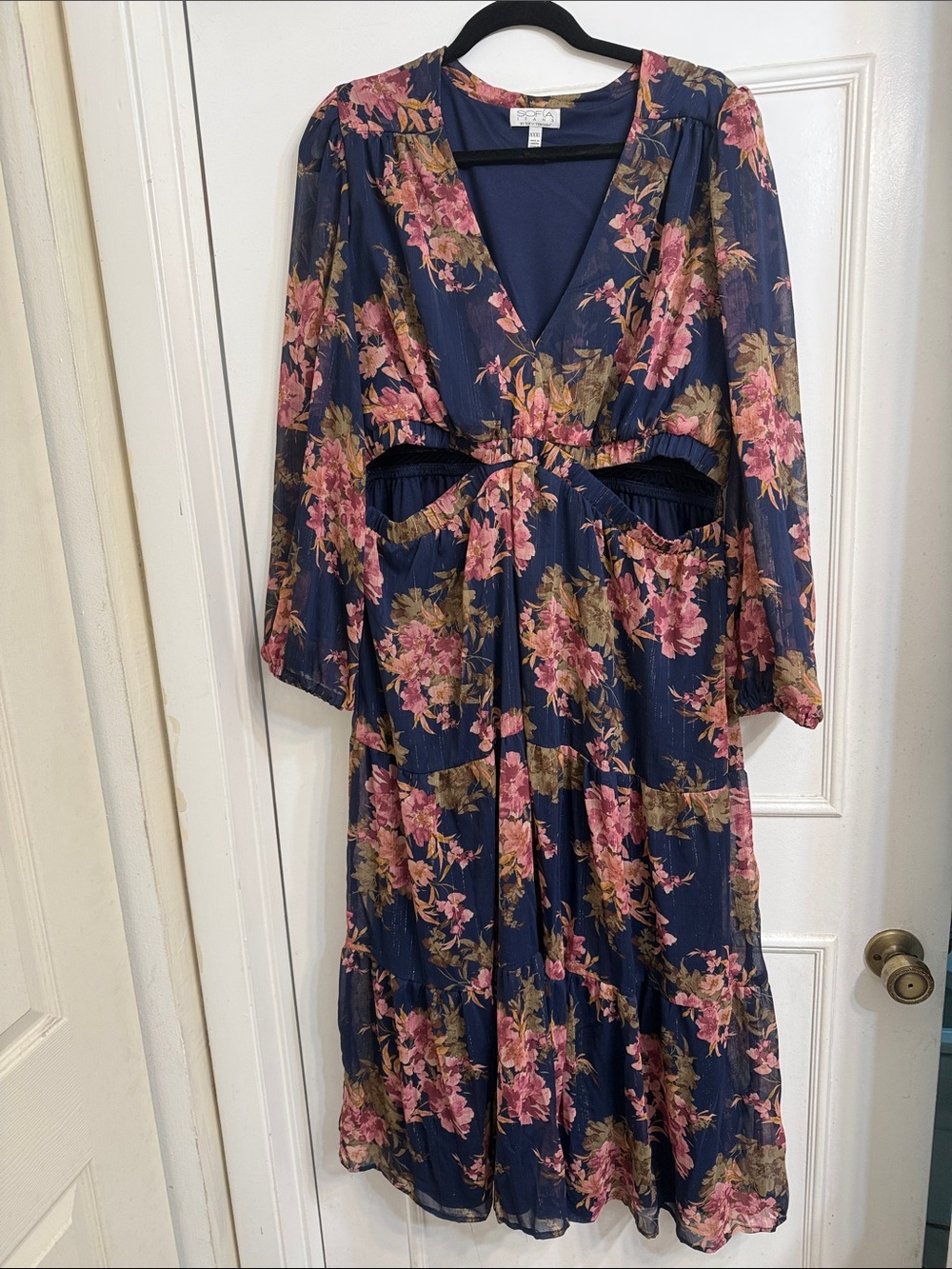 sofia by sofia vergara Navy Floral Long Sleeve Midi Dress with Pink Blooms